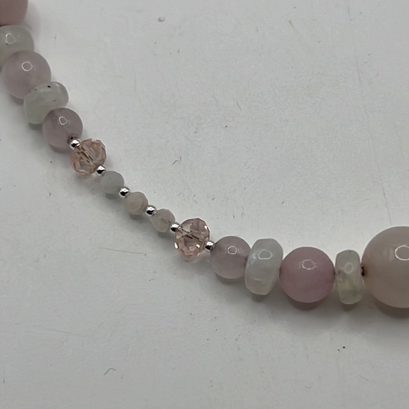 ROSE QUARTZ, MOONSTONE, MORGANITE, PINK AB CRYSTAL, AND STERLING NECKLACE 17” - Picture 7 of 15